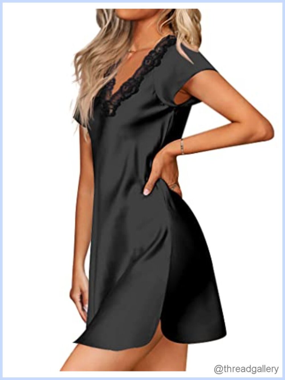 Satin Lace V Neck Short Sleeve Nightgown Sleepshirt